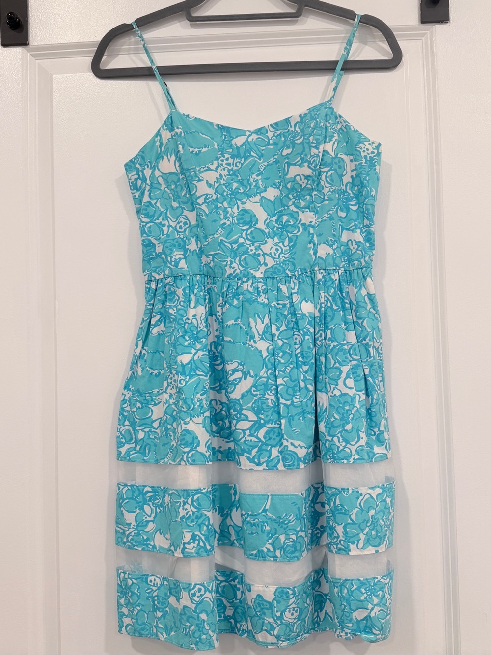Lilly Pulitzer Girls 2 Blue Floral Sundress Tiered Organza Trim Cotton Dress